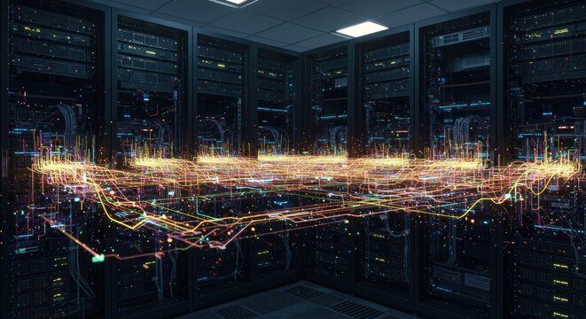Complex data processing visualization inside a server room showing technology power