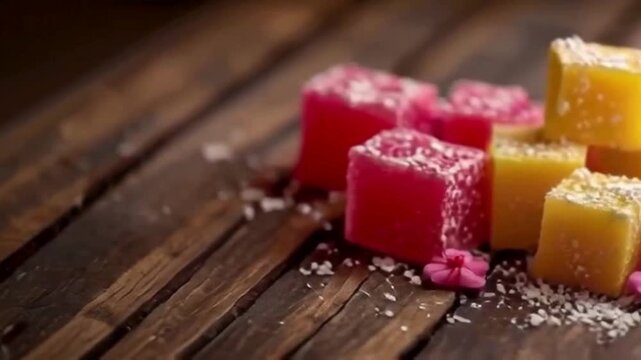 Rose, yellow, pink Turkish delight cubes glisten on wooden table, soft light. Delicious sweets are perfect for Turkish foods promo, social media, or video backdrop.