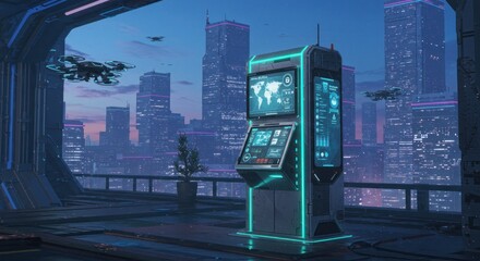 Futuristic city skyline with interactive terminal and surveillance drones at night