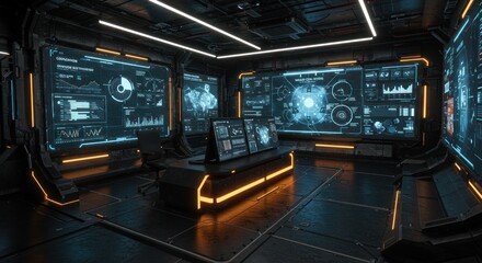 Futuristic command center with advanced user interface displays and ambient lighting creating an