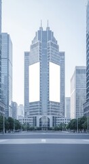 Obraz premium Modern skyscrapers with a blank digital billboard in a city square.