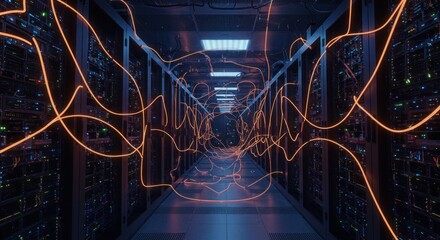 Futuristic Data Center Visualization with Neural Network Connection Pathways