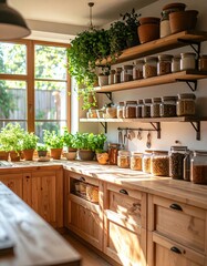 cozy kitchen corner with open shelves and herbs, side-lit by morning sunlight, earthy tones, rustic cottage vibe