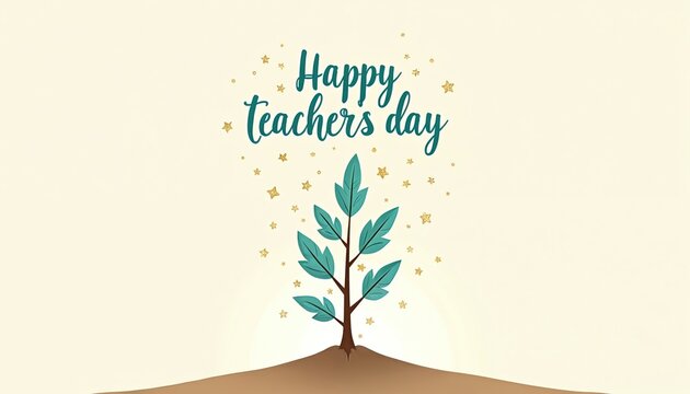 Happy Teachers Day illustration featuring growing tree with teal leaves, gold stars on light cream background. Growth, knowledge, appreciation for educators. Celebrates teacher impact, wisdom.