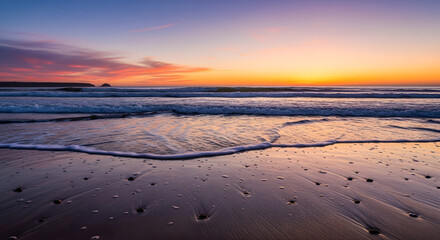 A vibrant sunset casts an array of colors across the sky and wet sand as gentle waves roll onto a tranquil beach