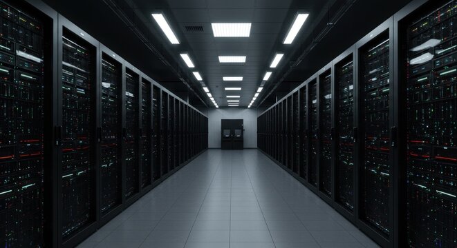 Futuristic server room with rows of rack servers and blinking lights indicating activity