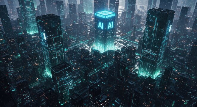 Futuristic urban landscape showcasing advanced technology and artificial intelligence influence