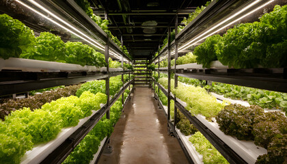 Innovative vertical farm showcases rows of flourishing hydroponically grown crops