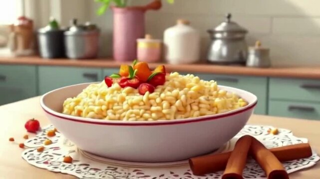 Yellow Turkish rice dish with red garnish sits in a bowl. Suitable for social media, food product photography, and video backgrounds.