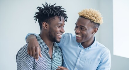 Smiling young men with distinct hairstyles share a joyful moment.