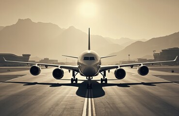 Vintage black, white airplane on tarmac with mountains backdrop. Jet aircraft on runway ready for take-off landing. Aviation transport, travel imagery, featuring classic aircraft design, airport