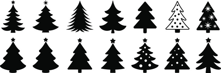 Christmas tree silhouette set, black vector icons of festive trees with stars and decorations, holiday design for winter, celebration, and decor