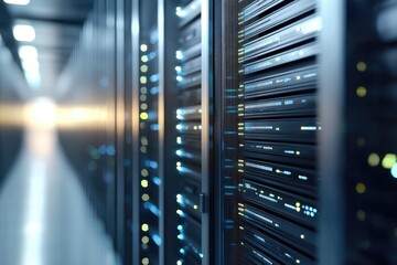Bright data center corridor with sleek server racks and blue-yellow LED lights, suitable for concepts in cloud computing, data storage, and digital network infrastructure