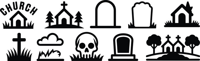 Church and graveyard silhouette icon set, black vector symbols of crosses, tombstones, chapels, religious and cemetery design elements