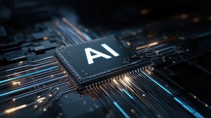 Dark futuristic AI processor with illuminated blue data lines on a circuit board, ideal for visuals on artificial intelligence, neural networks, and digital computing power