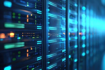 Modern data center server racks with illuminated LED indicators and high-speed network infrastructure, ideal for illustrating cloud computing, data storage, and IT operations