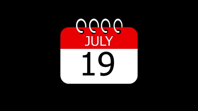 day date 19 July concept template calendar page animation concept. Calendar with the date July 19 on a black background. July 19 - Daily Calendar Icon in flat design style.