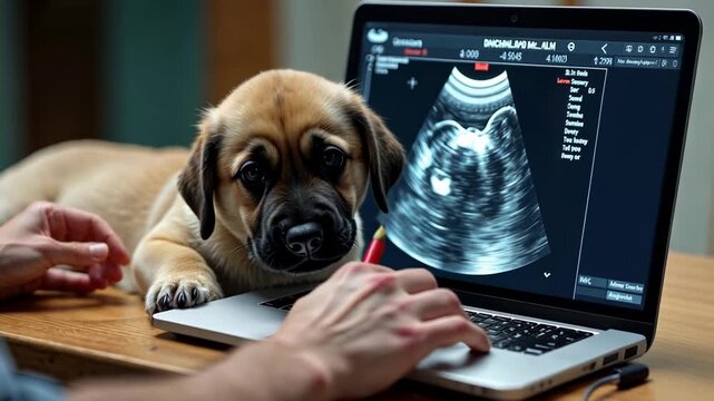 Dog ultrasound, fetal development, veterinary imaging. Pet health. Ultrasound detects canine pregnancy. Scans help monitor fetal growth. Veterinary expertise ensures animal welfare.