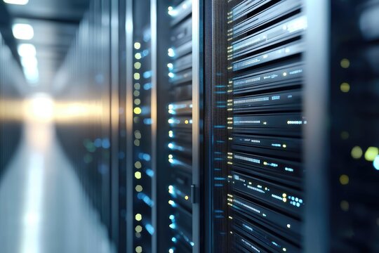 Bright data center corridor with sleek server racks and blue-yellow LED lights, suitable for concepts in cloud computing, data storage, and digital network infrastructure