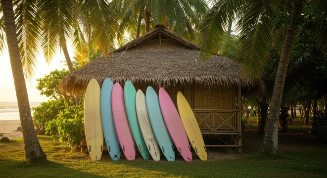 Tropical surf shack paradise with colorful surfboards under swaying palm trees creates serene