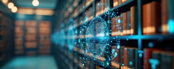 Digital library with glowing blue icons represents modern learning and information access. Bookshelves filled with books form a blurred background, symbolizing knowledge and research.