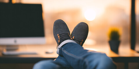 entrepreneur relaxing feet on table after achieving milestone