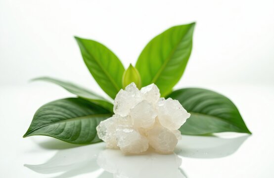 White translucent crystals of camphor arranged with green leaves, suggesting natural aromatherapy benefits. Close-up macro shot highlights ingredient purity, organic nature, suitable for spa,