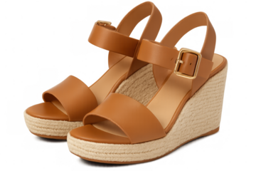 Brown leather wedge sandals with ankle strap and gold buckle on transparent background, perfect for summer fashion