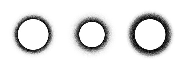 Three black noise grain vector circles illustration. Abstract dot gradient frame design elements with textured stipple effect. Geometric shape with shadow.