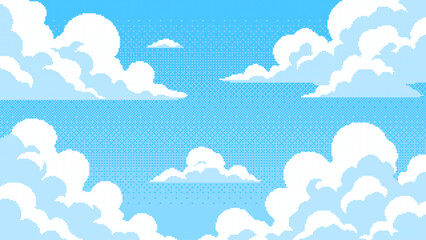 Pixel art sky vector with white clouds and blue gradient background. A low resolution illustration for game design or animation.