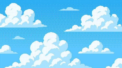 Pixel art blue sky with white clouds background. Retro game style weather illustration. Clear day outdoor scene for backdrop.