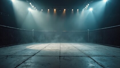 Empty MMA fighting ring under bright spotlights and thick mist on isolated white background. Cage walls, concrete floor. Intense combat sport arena, dramatic atmosphere for martial arts battle.