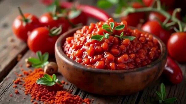 Rustic Turkish foods with grainy texture feature red tomatoes, İskender Kebap, and spices for food blogs, product photography, and social media posts.