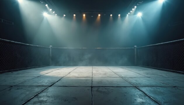Empty MMA fighting ring under bright spotlights and thick mist on isolated white background. Cage walls, concrete floor. Intense combat sport arena, dramatic atmosphere for martial arts battle.