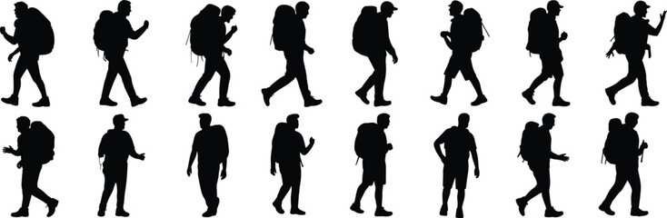 Set of backpacker silhouettes, walking poses, hiking and travel icons, black vector illustration for outdoor, trekking, adventure design use