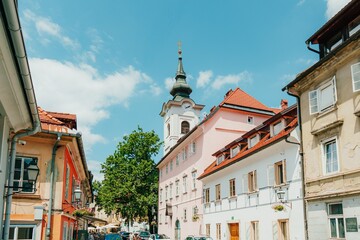 Charming European street scene in Ljubljana, Slovenia.