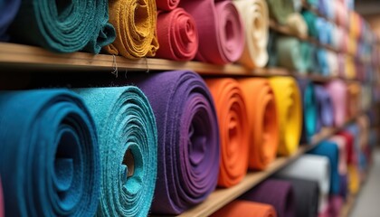 Colorful fabric rolls displayed craft store. Diverse textiles on shelves, organized for creative projects. Assortment of cotton, linen, polyester materials. Sewing supplies, handmade, tailoring, DIY