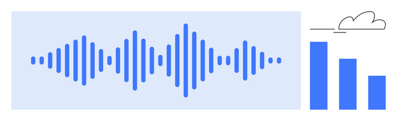Blue audio waveform representing sound waves alongside a bar chart and cloud icon. Ideal for technology, music, analytics, communication, cloud computing, sound processing, futuristic designs. Simple