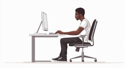 Man Working at Computer in a Modern Office Setting