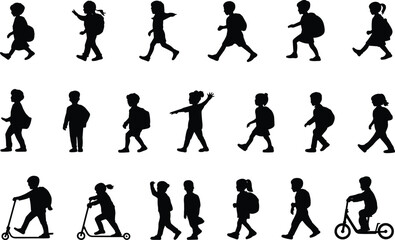 Set of children silhouettes, walking and scooter riding poses, black vector illustration for education, motion study, and design use