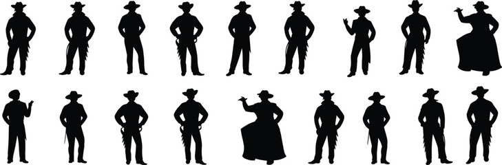 Set of cowboy silhouette poses, western icons in hat and boots, black vector illustration, rodeo stance collection, wild west theme