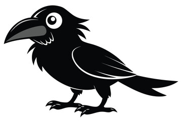 Stylized cartoon crow stands outlined in white on a white background in sharp focus