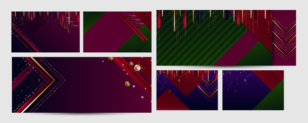Christmas and New Year cards set of invitation banners base for text or print gold design dark plum purple background abstract shiny color golden