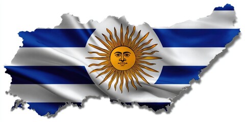 Fototapeta premium Uruguay national symbol waving fabric map outline with sun emblem celebration