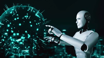 AI robot huminoid uses cloud computing technology to store data on online server . Futuristic concept of cloud information storage analyzed by machine learning process . 3D rendering . - Powered by Adobe