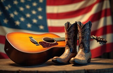 Acoustic guitar and cowboy boots with American flag backdrop embody country music festival spirit. Rustic Americana theme, warm festival lights suggest celebration, performance, and southern culture.