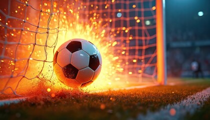 Soccer ball hits net with explosive light and color. Dynamic action captured in stadium setting. Intense moment of victory or championship game win. Vivid imagery of sports achievement.