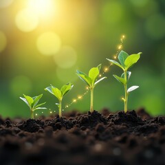 Four young plants grow in sequence, representing business growth, financial success. Sunlight illuminates progression from small seedlings to larger sprouts, symbolizing development, upward trends.