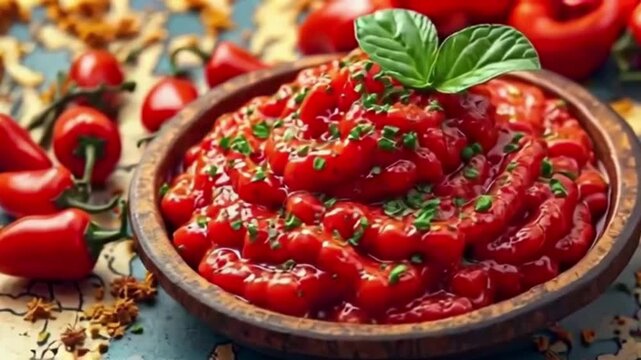 Red Turkish sauce filling bowl, features greens, on patterned surface for food branding or restaurant background.