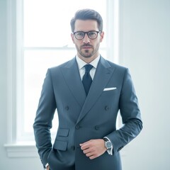 Confident professional in a gray suit poses indoors.
